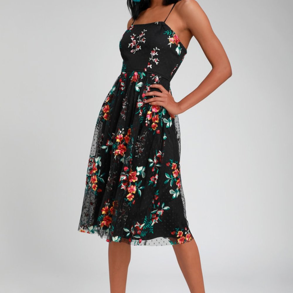 Lulus Down to Party Black Floral Embroidered Midi